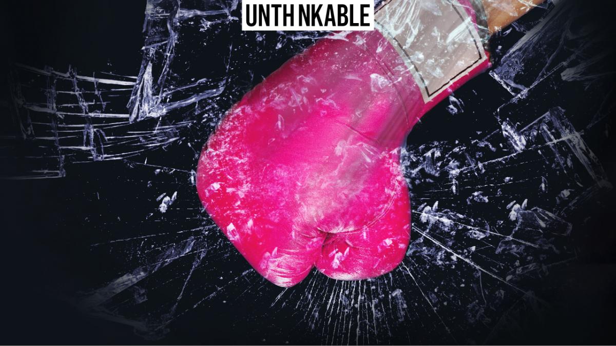 Boxing glove punching through the glass ceiling