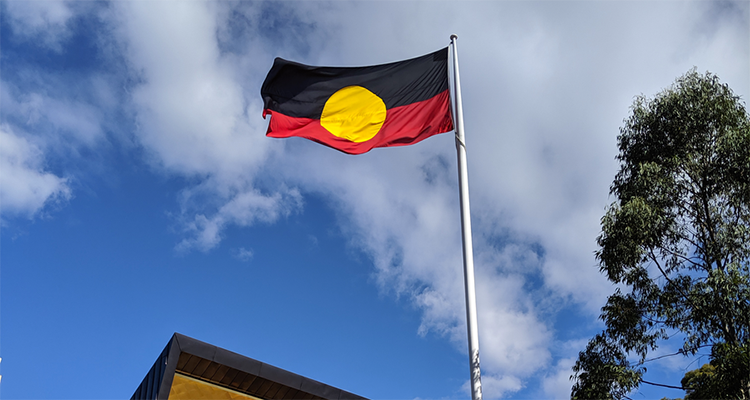 photo of a flag against a blue sky