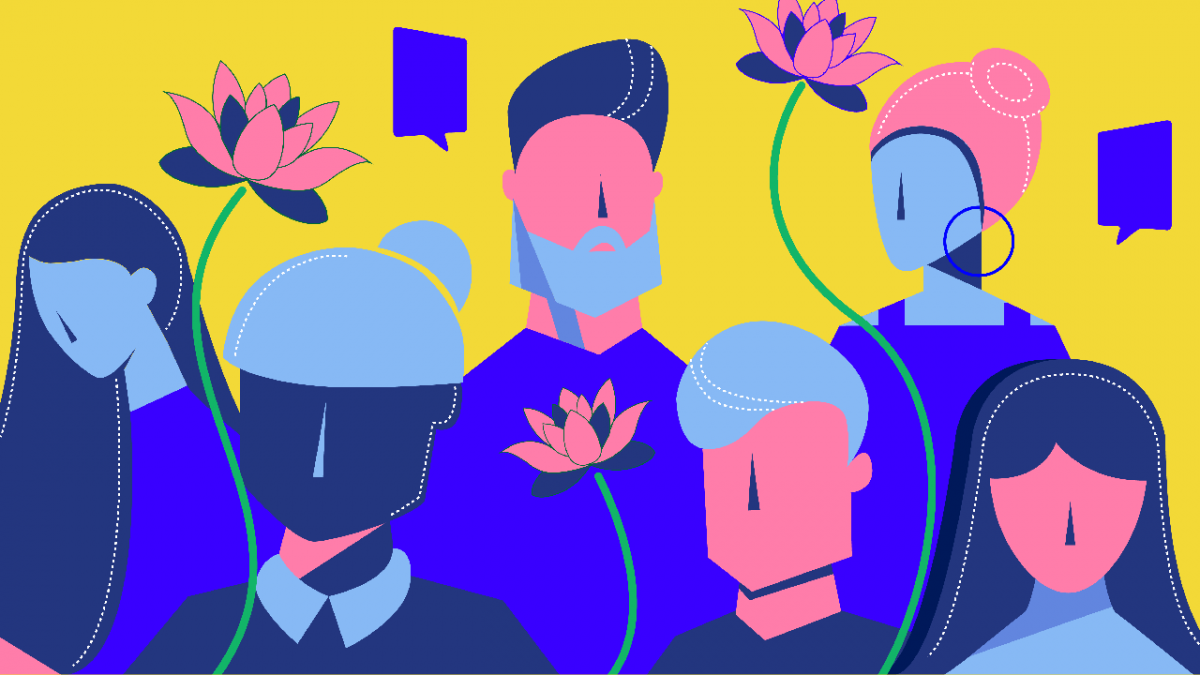 A graphic design depicting a diverse group of people. 